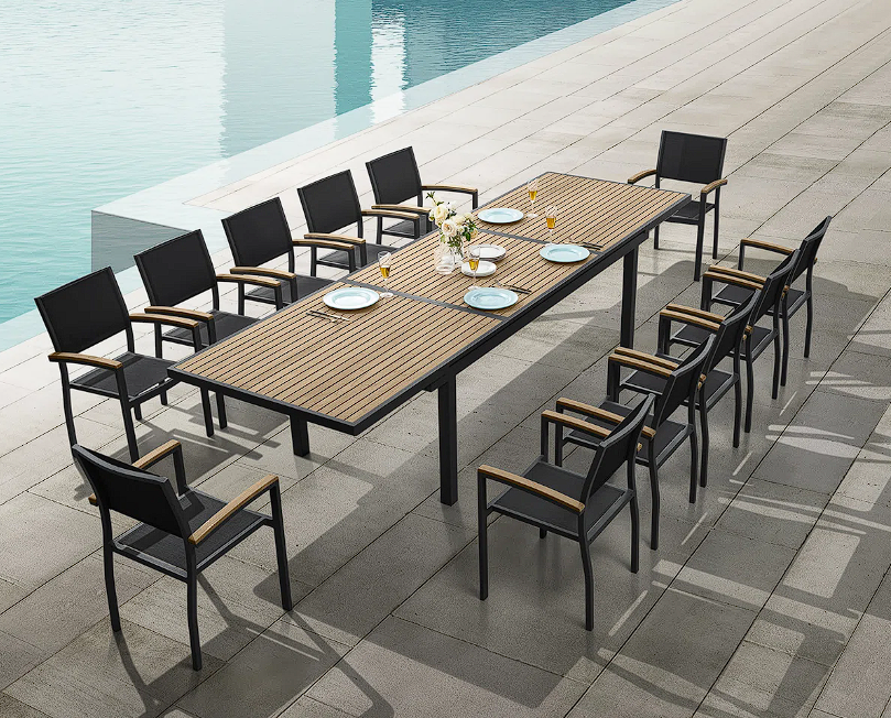 Rectangular Outdoor Dining Set for 12 with Heck Teak Top