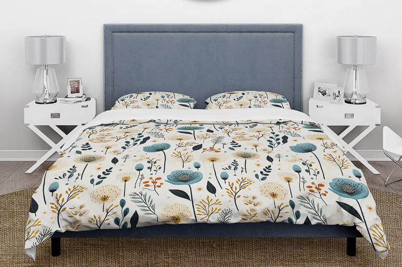 Nordic Blossom Serenity White and Blue Floral Duvet Cover Set