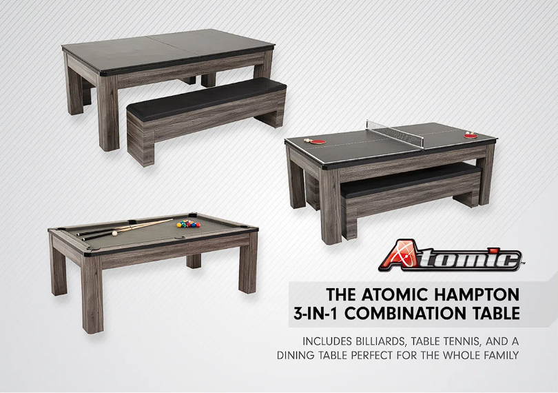 Atomic 7' Hampton 3-in-1 Combination Table Includes Billiards, Table Tennis, and Dining Table with Dual Storage Bench Seating