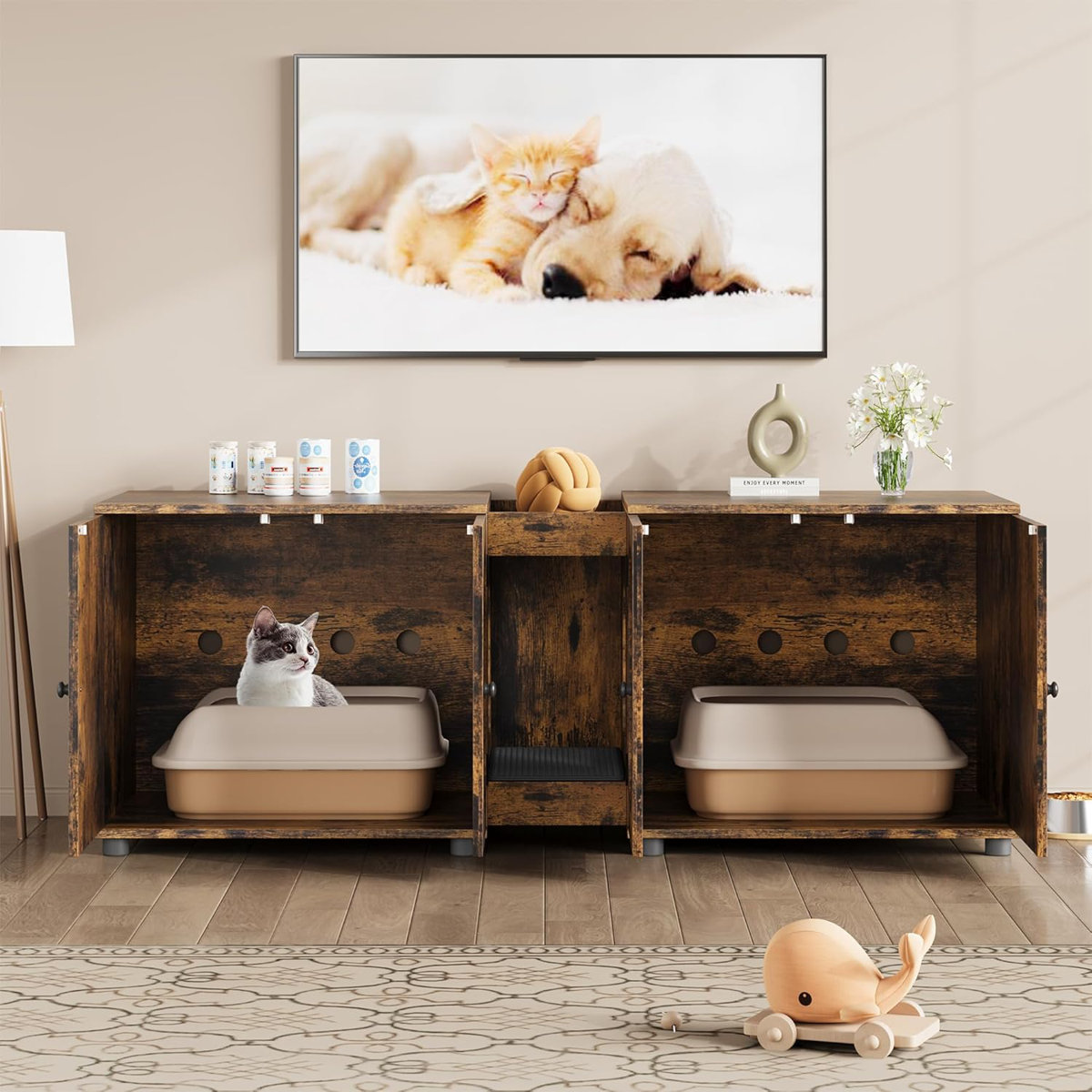 Double cat litter box, large litter box fence with cat litter