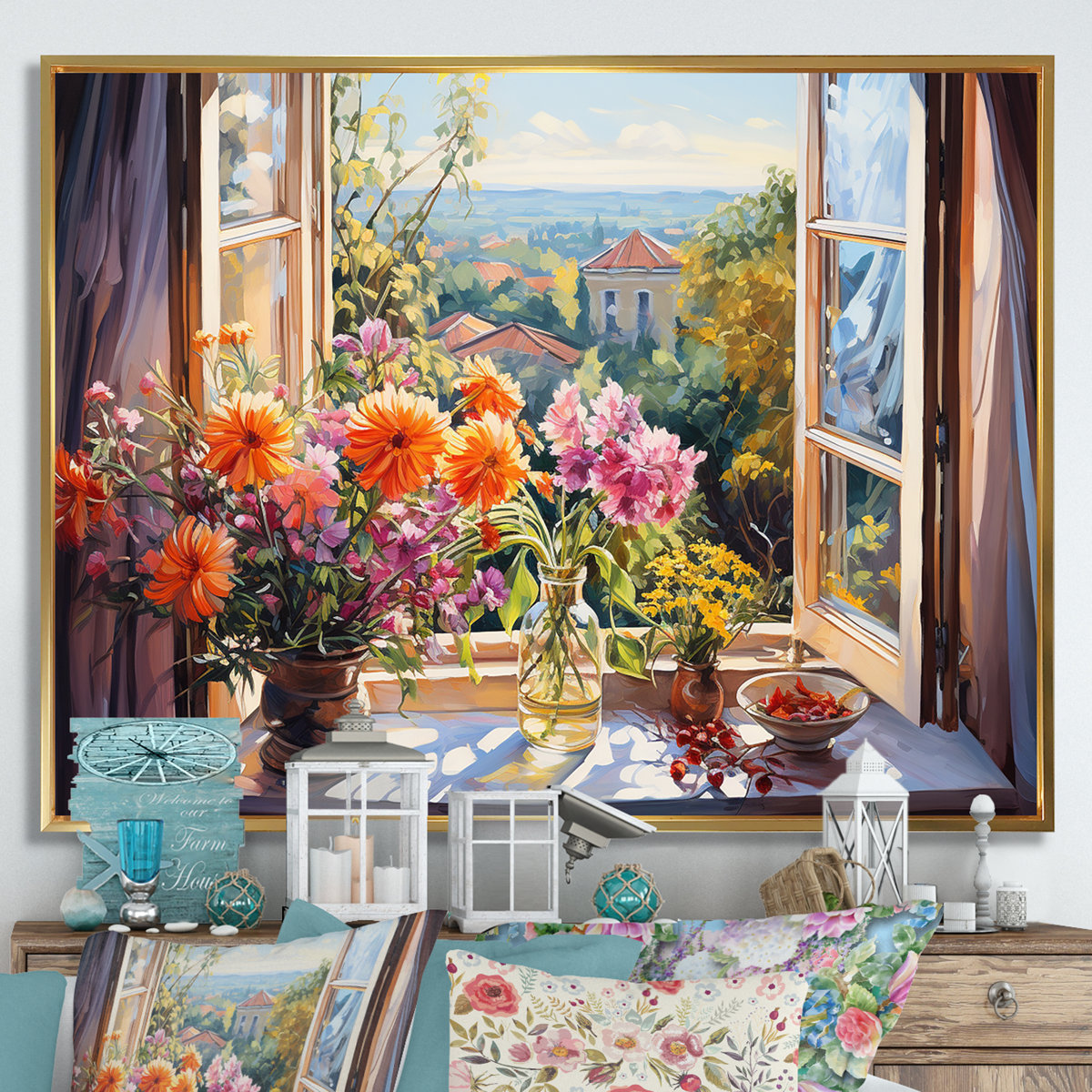 Orange and green, French window view I - Window wall art