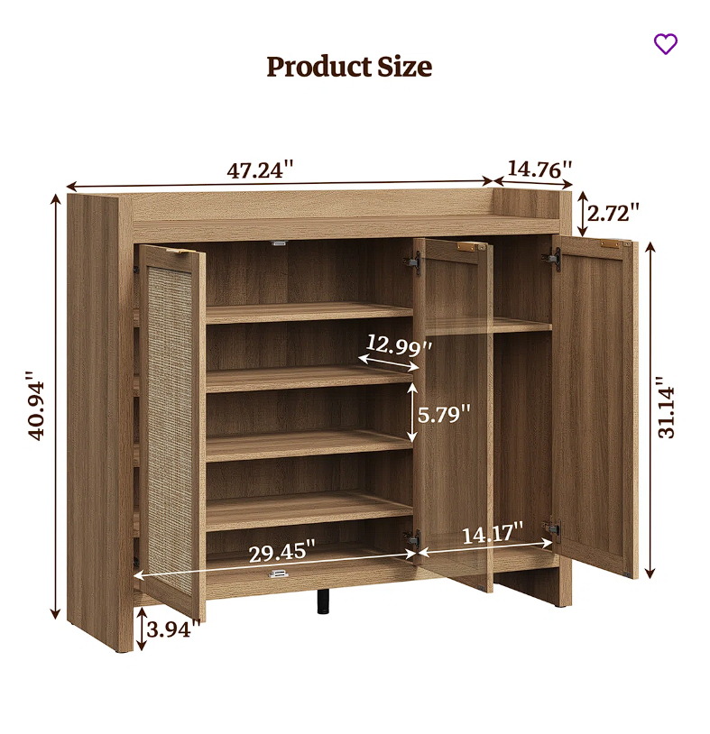 Chada 30 Pair Shoe Storage Cabinet with 3 Doors and Adjustable Shelves Chada