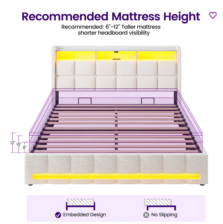 Upholstered bed frame with LED storage with LED lights and charging station, platform bed, no box spring required