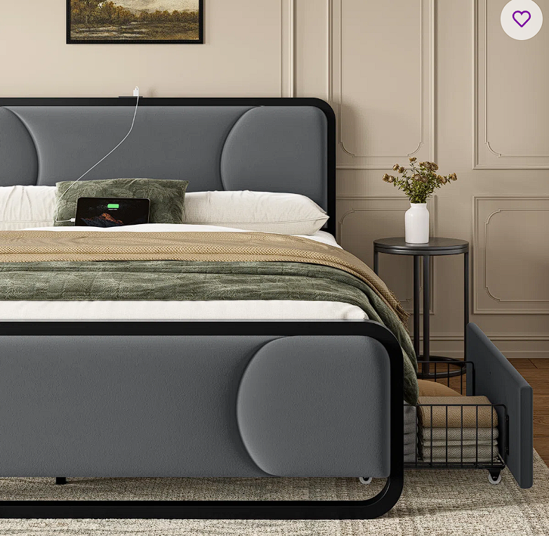 Springboard platform bed with 2 storage drawers, modern bed frame with charging station, storage bed with velvet tufted headboard, no need for spring box