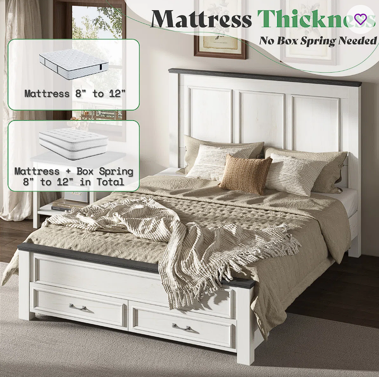 52.2-inch Farmhouse Wood Double Bed Frame with Headboard, Large Storage Drawers, White