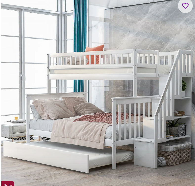 Single bunk bed over a double bed with trundle and stairs, white