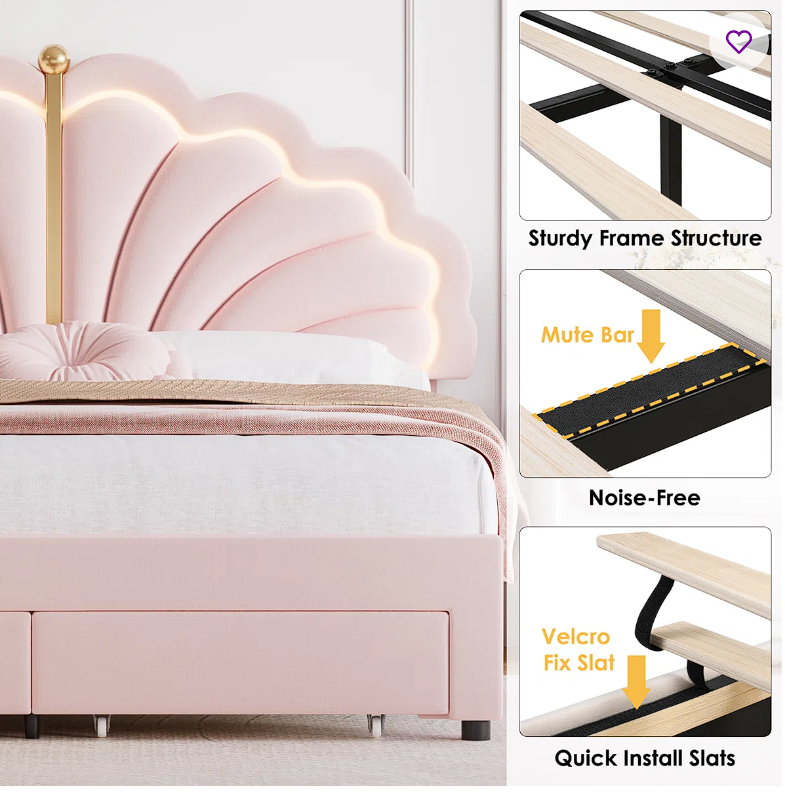 Kids LED Upholstery Bed Frame with Storage Drawers, Platform Bed with Adjustable Headboard Princess